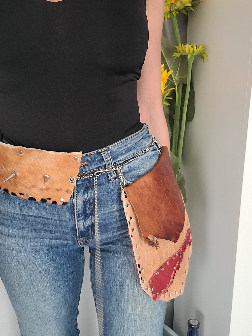 Leather Hip Pouch Belt with Spikes and Red Accent